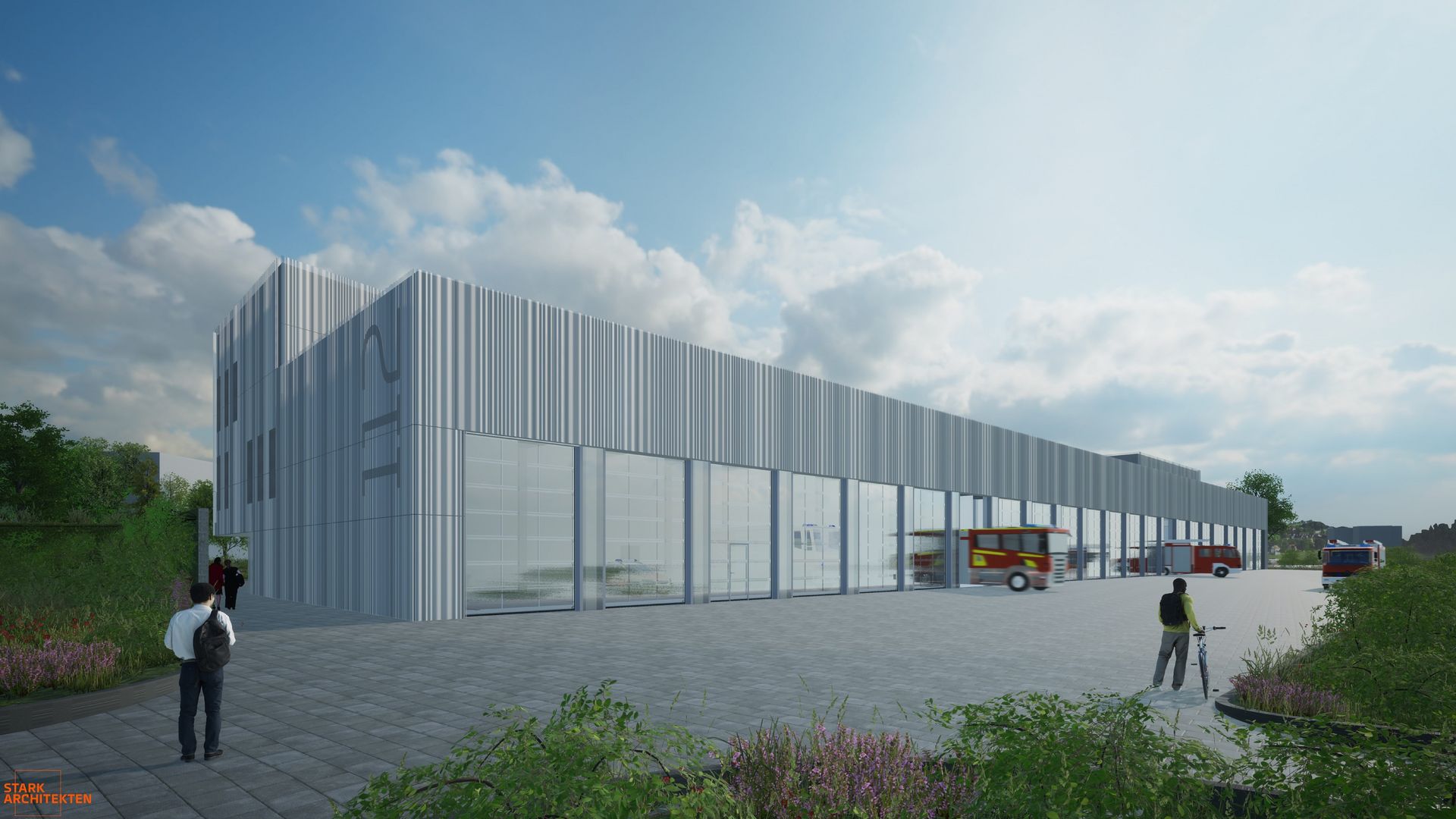 Visualisierung des Gefahrenabwehrzentrums Oberusels, Perspektive Fahrzeughalle